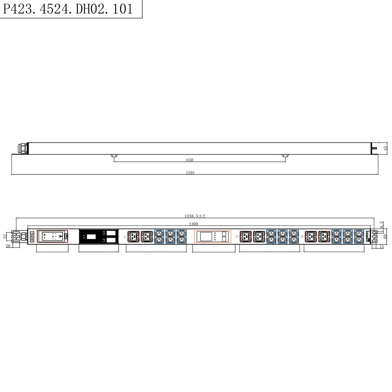 24 uttak 3-fase IEC C13 & C19 Låsbare stikkontakter 1,5U flytende magnetisk kretsbryter Vertikal Hot-swapbar RS485 målt Rack PDU