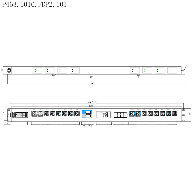 16 uttak IEC C13 IEC C19 Låsbar sokkelspenne utstyrt 2,5U Hot Swappable Overspenningsbeskyttelse Vertikal Modbus-RTU RS485 målt Rack PDU