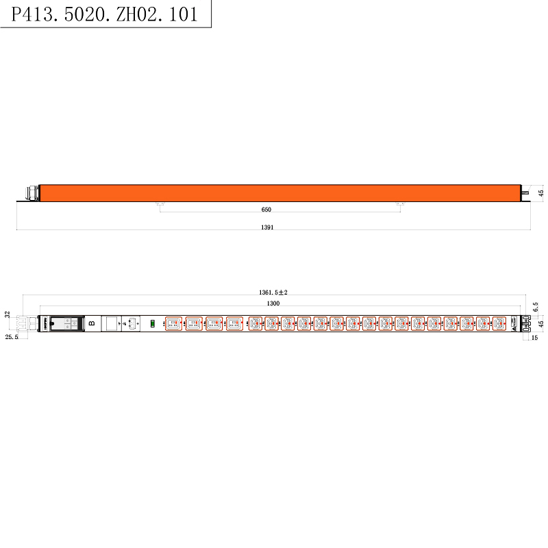 20 uttak IEC C13 IEC C19 låsbare stikkontakter 1U Hot swappable Indicator Vertikal RS485 Metered Rack PDU